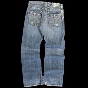 MEK Denim Bootcut Jeans Mens 34x33 Distressed Embroidered Pocket Designer Denim